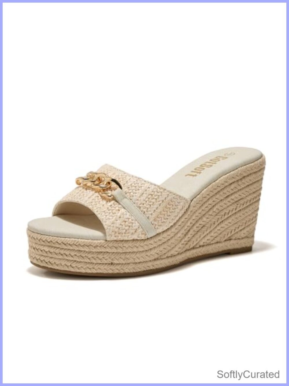 Raffia Wedge Slide Sandals Chain Decor Memory Foam Platform Mules